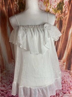 Victoria’s secret Womans Lg Ruffled Off-Shoulder White Sheer Top Silver Striped